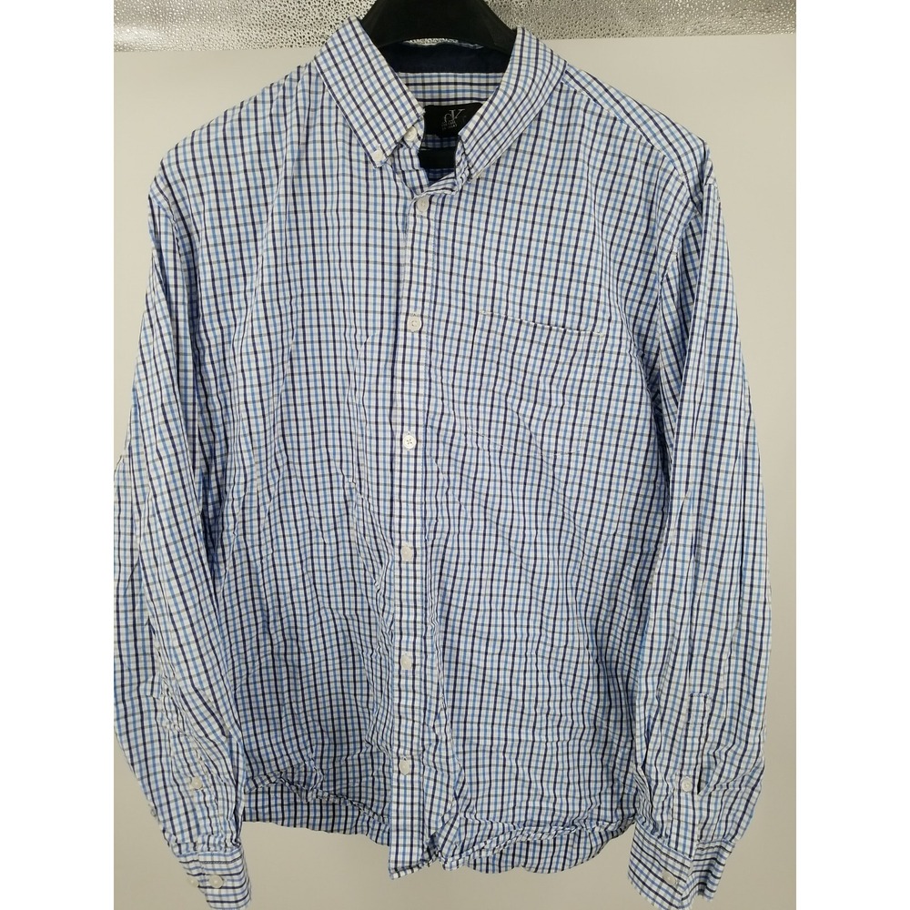 Calvin Klein Mens L Plaid Long Sleeve Button Up Lightweight Cotton Shirt Blue